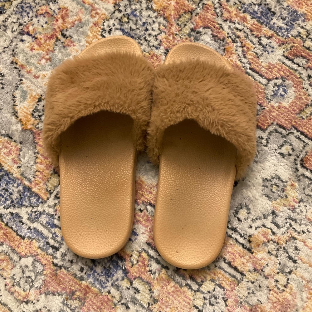 Camel Brown Fuzzy Slipper Slides - image 1